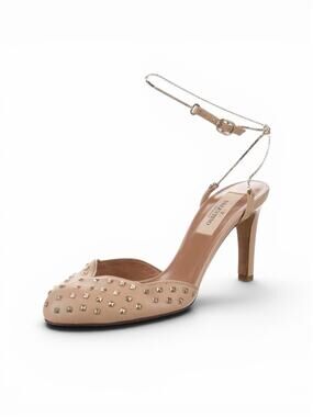 NEW Valentino Garavani Rockstud Nude Leather Ankle Strap Heels Size 37.5